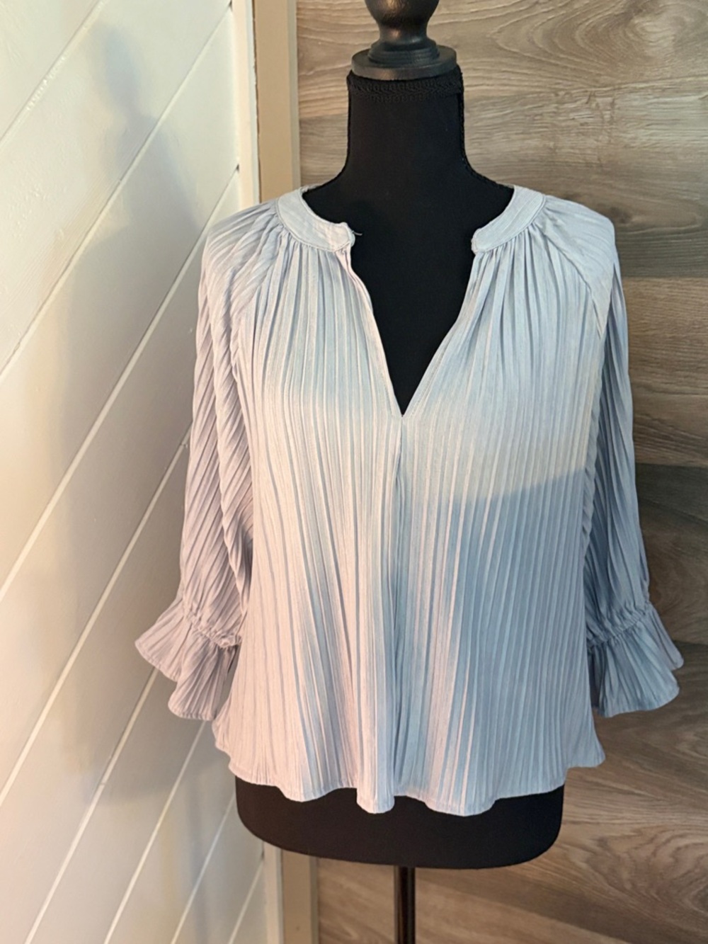 Light Blue Pleated V-Neck Womens Blouse - Elegant Ruffle Sleeve Top